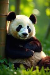 Obraz premium Panda resting against bamboo stalk, sunlight dappled, calm, nature