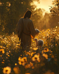 Shepherd Guides Lambs in Golden Field