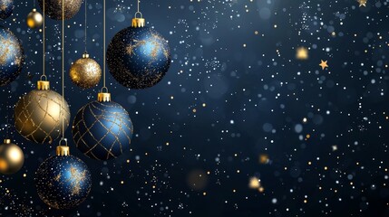 A simple Christmas and New Year background with golden and blue glass ornaments suspended from a ribbon on a dark blue background, leaving room for text. The theme is holiday celebration