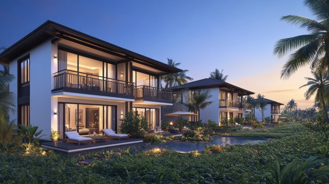 Modern Tropical Villas by Poolside at Sunset in Tropical Paradise