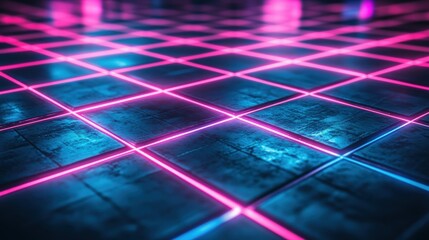 Neon Grid Pattern with Bright Pink and Blue Light Reflections