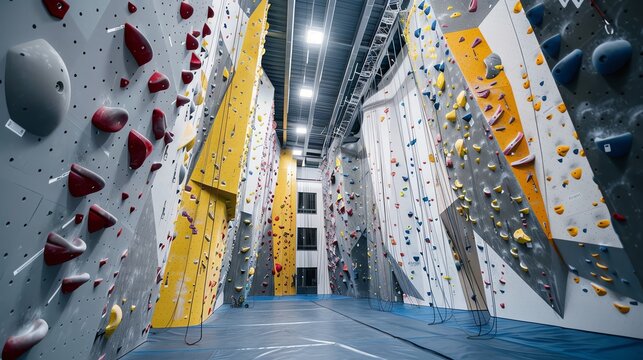 A large indoor rock climbing gym with colorful climbing walls and ropes hanging from the ceiling. There are no people in the gym.