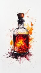 Artistic Illustration of a Glass Bottle with Colorful Liquid Splash
