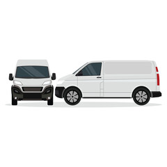 Vector illustration of white or silver van land vehicle in cartoon flat style. Cargo vehicle front, side and rear view. Silver delivery mini van isolated. Delivery Van Mockup for Advertising