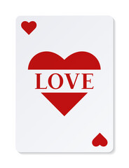 Playing card with hearts and the inscription "love" for Valentines day.