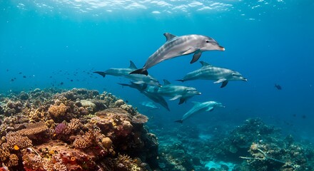 A Playful Pod of Dolphins &ndash; A group of dolphins jumping and playing near a beautiful coral reef.