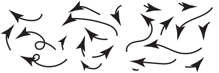 Set of simple lines hand drawn black arrows in various style. Set of simple of hand drawn black arrows. Set of simple lines hand drawn black arrows. Various of simple lines arrows collection