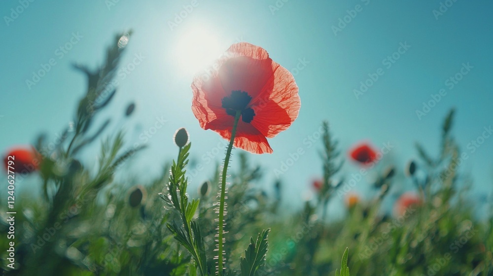 Poster a vibrant red poppy flourishes amidst a field of green, illuminated by warm sunlight. surrounding bu
