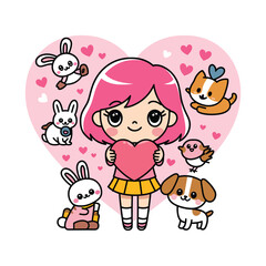A cute anime-style girl with pink hair, big sparkling eyes, and rosy cheeks holding a large pink heart in her hands.