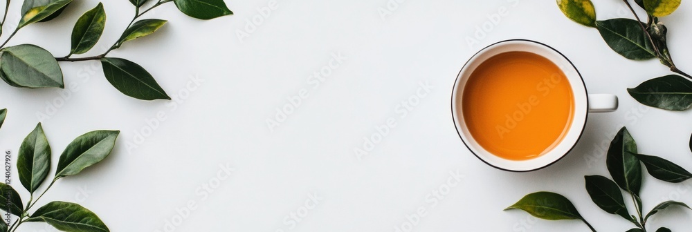 Poster Fresh tea cup surrounded by leaves in a serene setting for text insertion. Generative AI