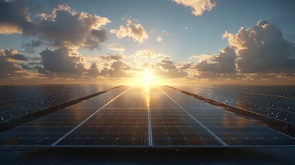 Sunrise Over Solar Panels with Dramatic Clouds and Golden Light