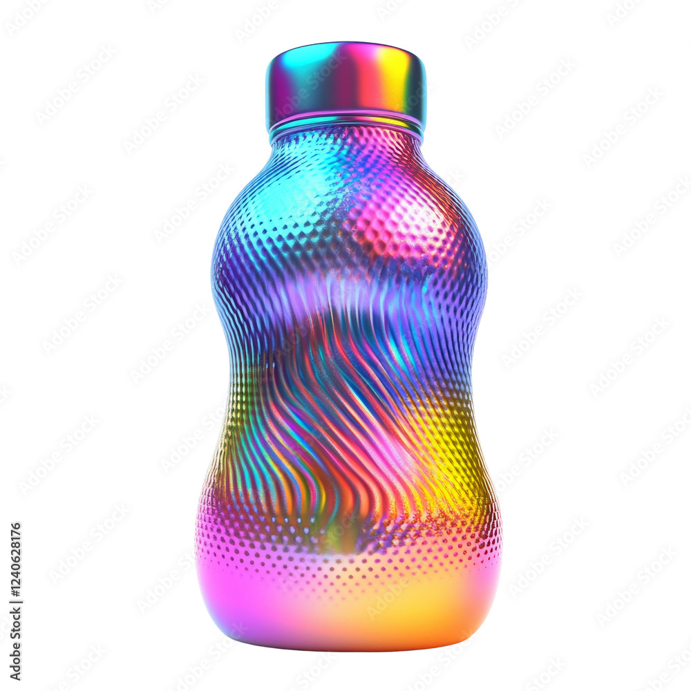 Poster A digitally rendered image showcasing a uniquely designed iridescent bottle with a captivating swirl pattern and textured surface.