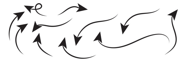 Set of black hand drawn arrows isolated on white. Vector illustration. Hand drawn doodle sketch style. Decoration for web design