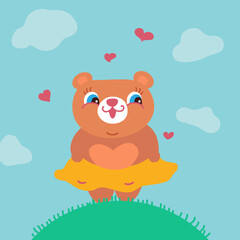 Lovely adorable bear cub, card design for a spring mood
