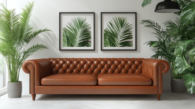 Elegant brown leather tufted sofa in stylish indoor setting