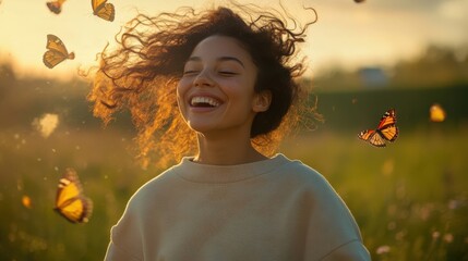 Joyful woman with curly hair smiling amidst butterflies in a sunny field. A moment of happiness and freedom in nature.