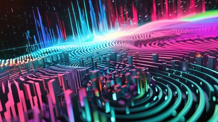 Colorful abstract waveforms depicting sound frequencies in 3D