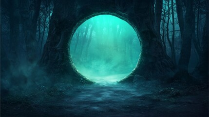 A mystical portal glows in a dark forest, surrounded by trees and mist, inviting exploration into an enchanting, otherworldly realm.