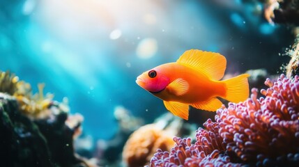 A vibrant orange fish swims gracefully in a colorful coral reef surrounded by sunlight