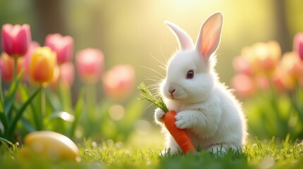 Fototapeta premium A fluffy white Easter bunny sits in the meadow holding a comically oversized orange carrot with its tiny paws