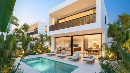 Modern Villa with Pool Surrounded by Lush Greenery at Dusk