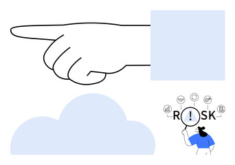 Large hand pointing, soft blue cloud, person using magnifying glass to scrutinize risk and warning icons. Ideal for business strategies, decision analysis, risk management, guidance themes, user