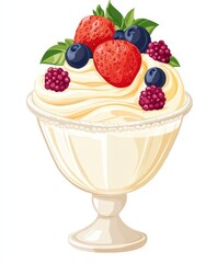 Delicious Creamy Dessert Bowl with Fresh Berries and Mint Leaves