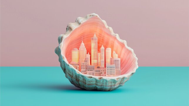 A colorful shell contains a miniature cityscape, blending nature and urban design in a visually striking and imaginative way.