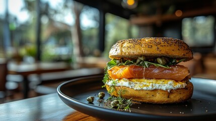 Smoked Salmon Bagel Sandwich with Egg and Capers