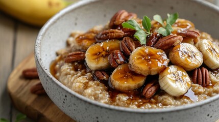 Warm Oatmeal with Caramelized Bananas and Pecans