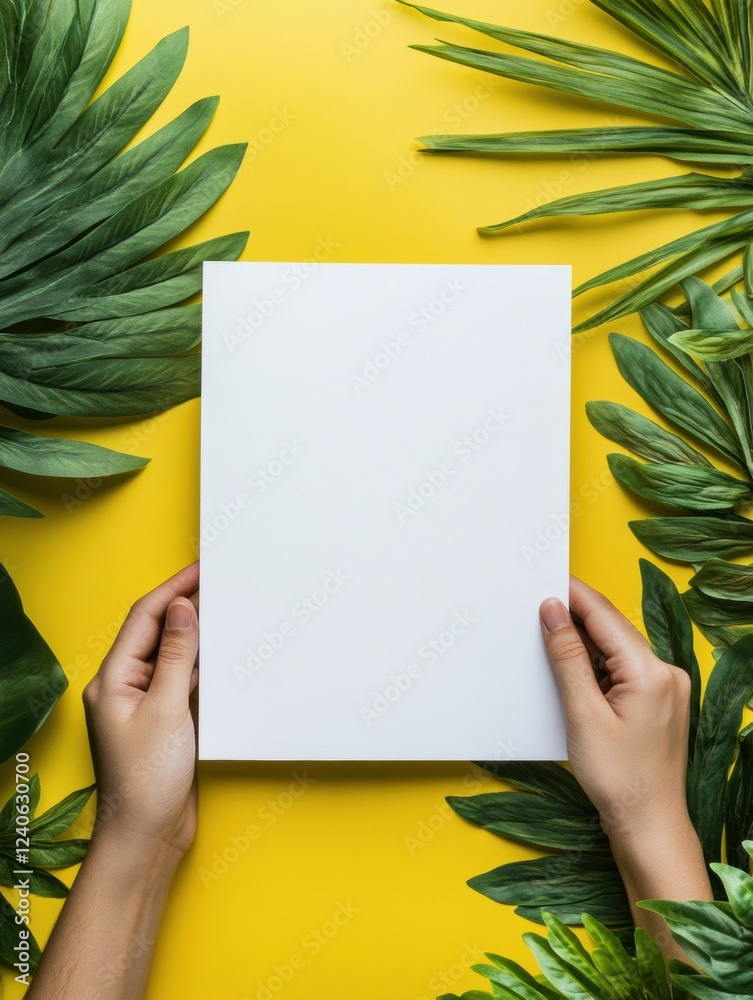 Poster hands holding a blank paper surrounded by green leaves on a cheerful yellow background for creative 