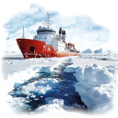 Icebreaker Ship Navigating through Arctic Ice Landscape under Bright Blue Sky and Scenic Clouds