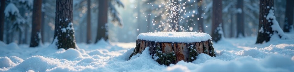 Snowflakes fall gently around a frozen tree stump in the heart of a dense snowy forest, natural world, dense forest,