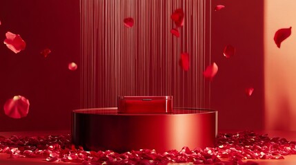 A luxurious product podium bathed in a radiant red hue stands against a solid backdrop, adorned with ethereal rose petals that cascade gently like a crimson waterfall