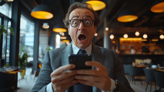 A person, glancing at their mobile, is taken aback by an unforeseen notification.