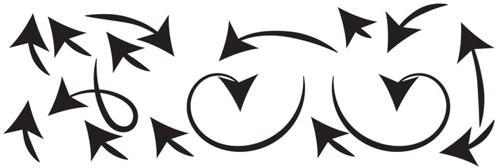 Set of squiggle line arrows. Simple line hand drawn curved vector arrows icons