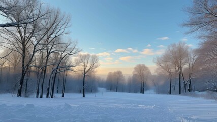 A serene winter landscape with snow covered trees and soft morning light