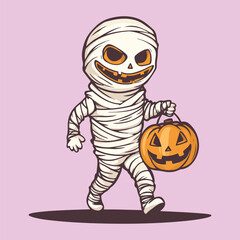 Friendly cartoon mummy wrapping a pumpkin in Halloween