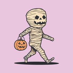 Friendly cartoon mummy wrapping a pumpkin in Halloween
