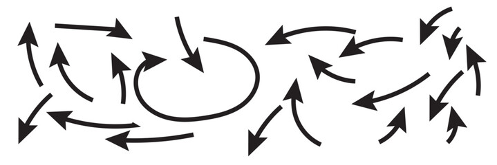 Set of squiggle line arrows. Simple line hand drawn curved vector arrows icons