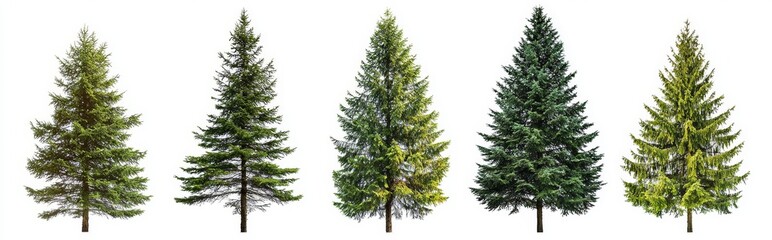 Fototapeta premium A set of 6 picea pungens colorado blue and green spruce evergreen pinaceae needled trees, isolated on a transparent background, perfectly cutout