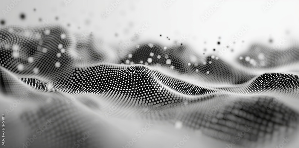 Poster a wave pattern of flowing dot particles creates a 3d curve with a halftone black gradient, set again