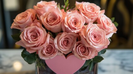 Sweet Indulgence: A Romantic Gift of Soft Pink Roses and a Delectable Chocolate Heart, Beautifully Presented in a Heart-Shaped Box, Sure to Delight Your Sweetheart on Valentine's Day or Any Special Da