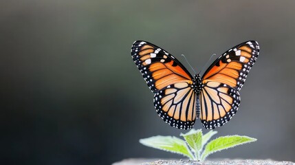 Fototapeta premium Butterfly on sprout, garden background, nature beauty, stock photo