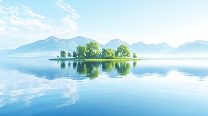 Reflecting the clear blue sky and distant mountains