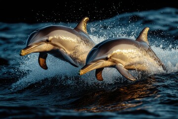 Dolphins Leaping Through Ocean Waves at Sunset - Captivating Marine Life in Golden Light.