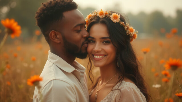 Beautiful summer autumn wedding couple in nature with flowers - Powered by Adobe