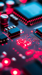 Close up of circuit board with glowing red lights and intricate patterns