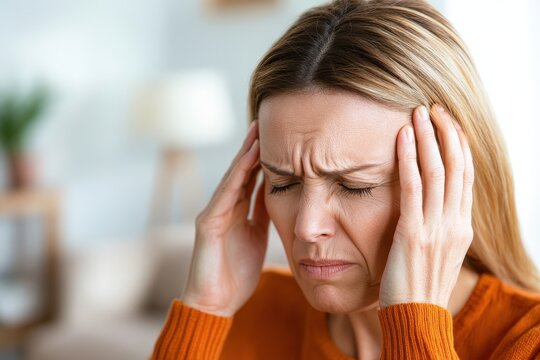 Elderly woman with a headache touching her temples