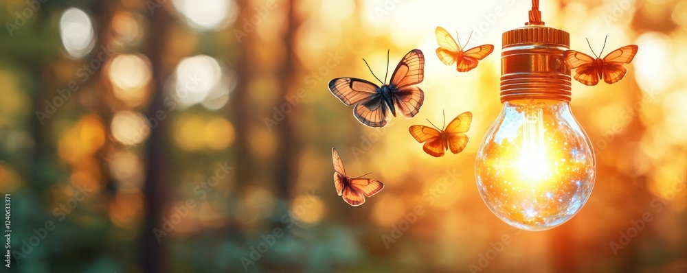 Poster illuminating butterflies dance around a light bulb in a serene forest setting